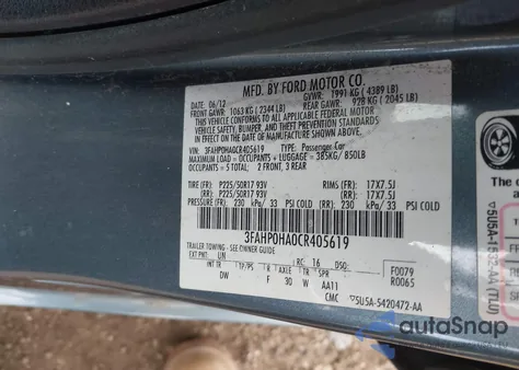 2012 Ford Fusion Se z USA, uszkodzony, nr VIN 3FAHP0HA0CR405619